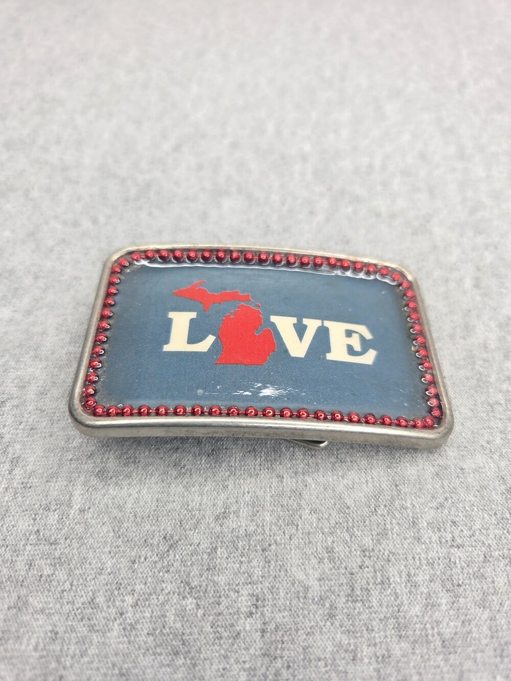 Vintage LOVE Michigan Belt Buckle Red Rhinestone Border State Silhouette Ruby